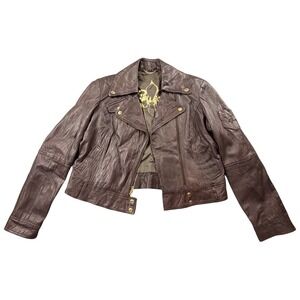 GUESS Brown Leather Moto Jacket Gold Hardware Cropped Biker XL